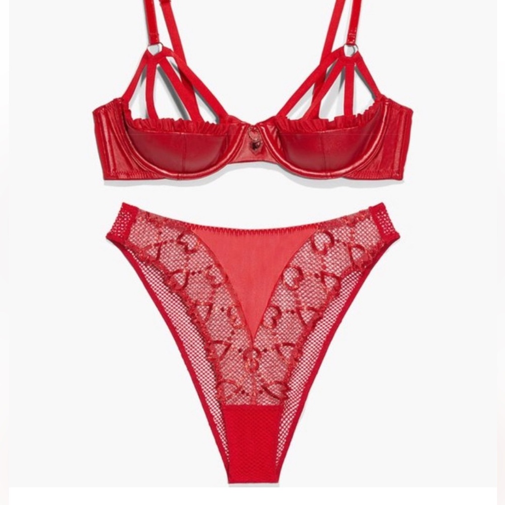 Savage x Fenty Red Lingerie Set Quarter Cup Bra & Mesh Panties Set in Goji Berry